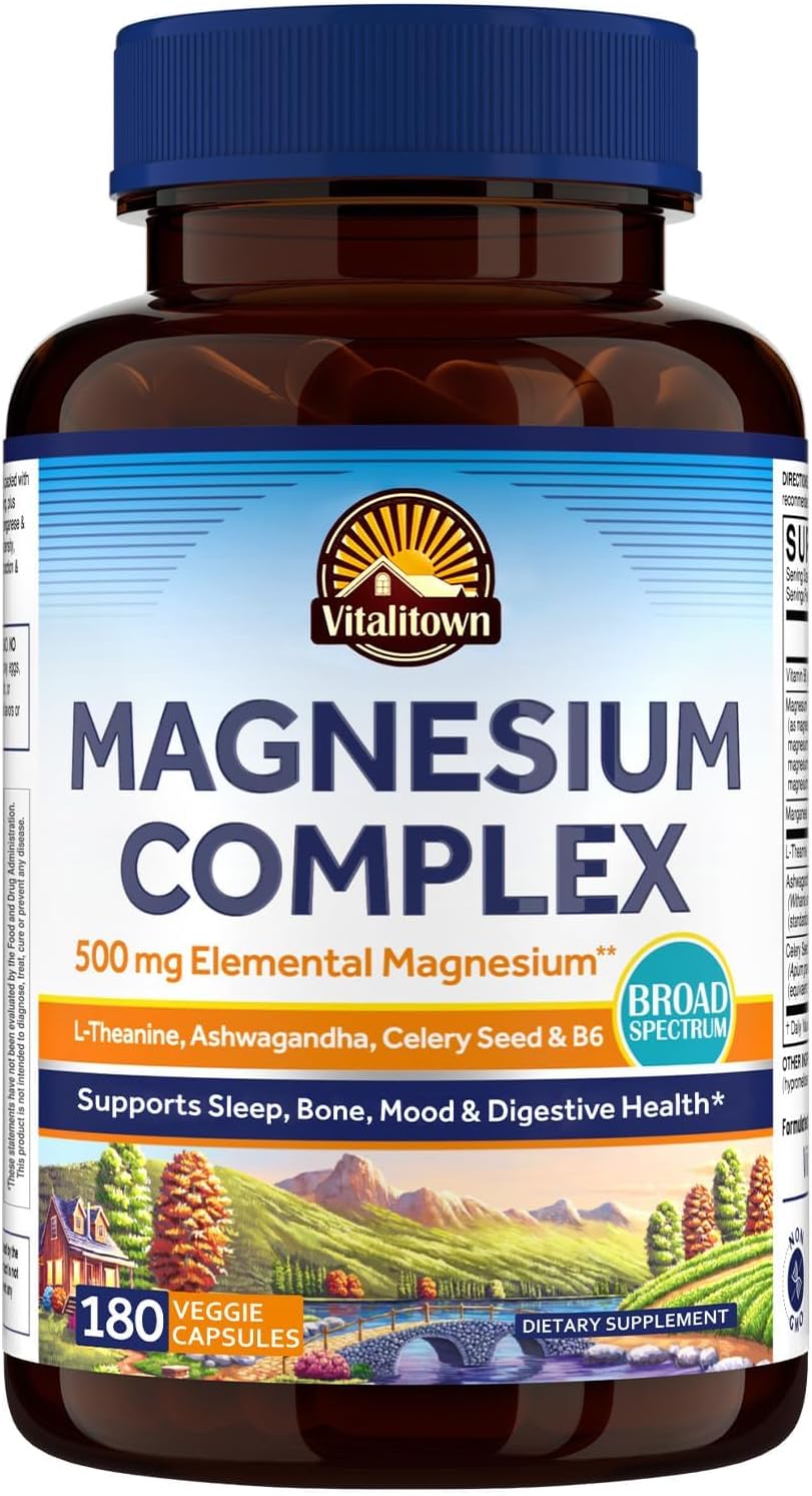 Vitalitown Magnesium Complex Supplement, Magnesium Glycinate, Citrate & Taurate, L-theanine, Ashwagandha, Celery Seed, Vitamin B6, Bone, Mood, Sleep, Heart Health, 180 Veggie Capsules