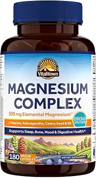 Vitalitown Magnesium Complex Supplement, Magnesium Glycinate, Citrate & Taurate, L-theanine, Ashwagandha, Celery Seed, Vitamin B6, Bone, Mood, Sleep, Heart Health, 180 Veggie Capsules
