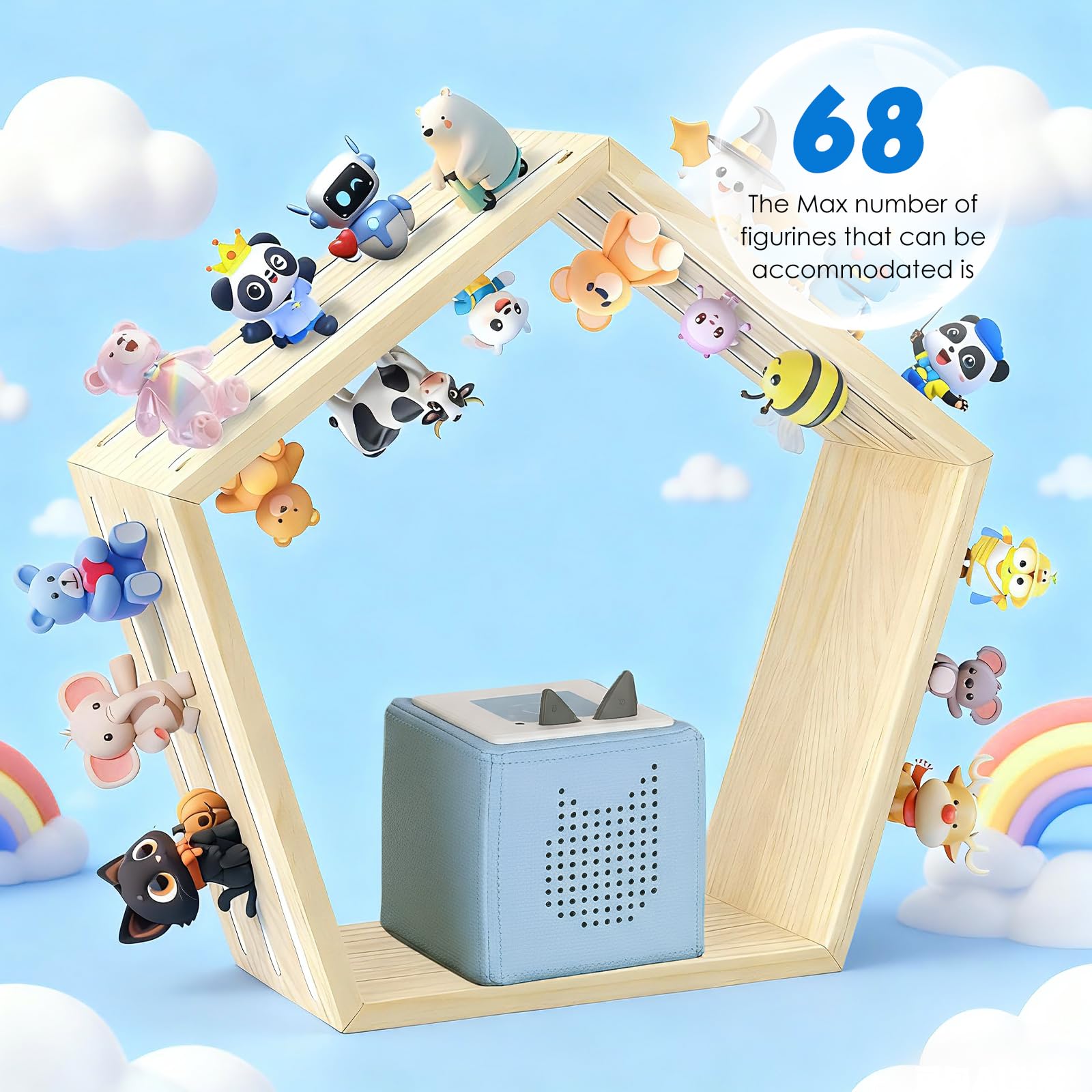 Luqixcey Hexagon Tonie Regal für Toniebox – Magnetisches Toniebox Regal Wabenform für 68 Figuren, 46x42cm Holz Wandregal Kinderzimmer, Schweberegal zum Aufhängen oder Hinstellen