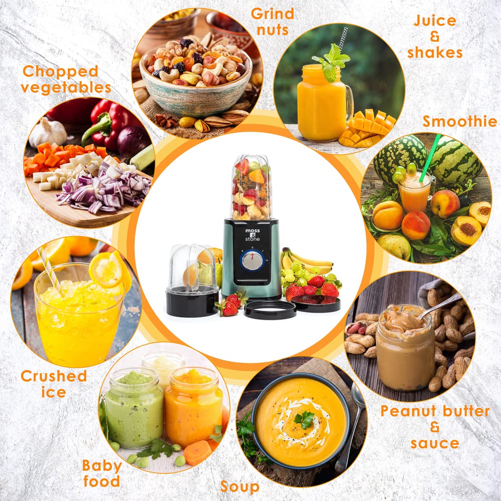 Moss & Stone Smoothie Blender - Compact Personal Blender with Additional Cups for Frozen Drinks & To-Go Portable Cups with Lids