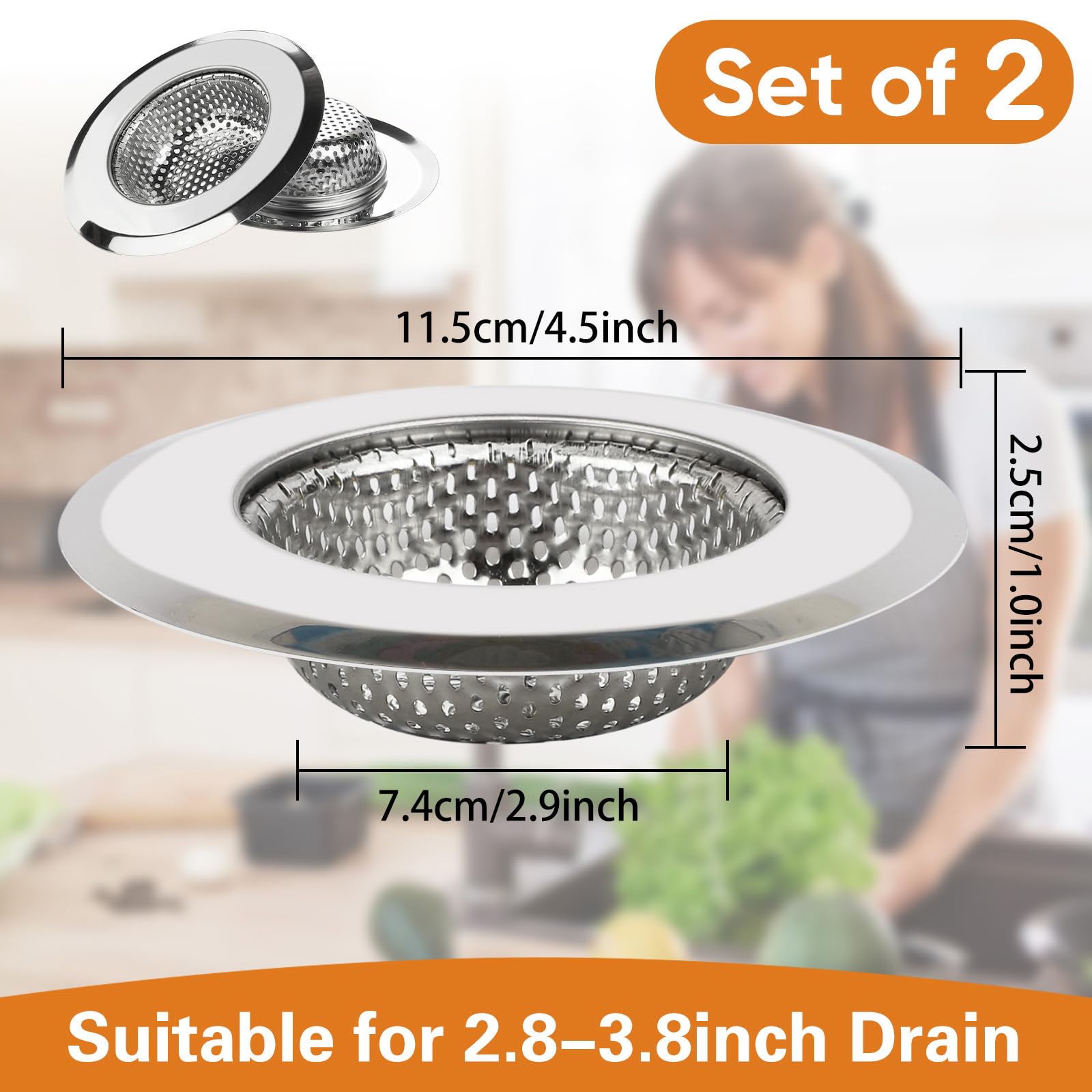 Kitchen Sink Strainer 2 Pack, 4.5 Inch/11.5cm Stainless Steel Sink Drain Strainer Kit Food Catcher for Kitchen Sink