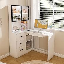 Computer Desk with Glass Cabinets & Built-in LED Lights, L Shaped Office Desk with with USB Charging Ports, Keyboard Tray, Corner Desk with Hutch for Home Office White
