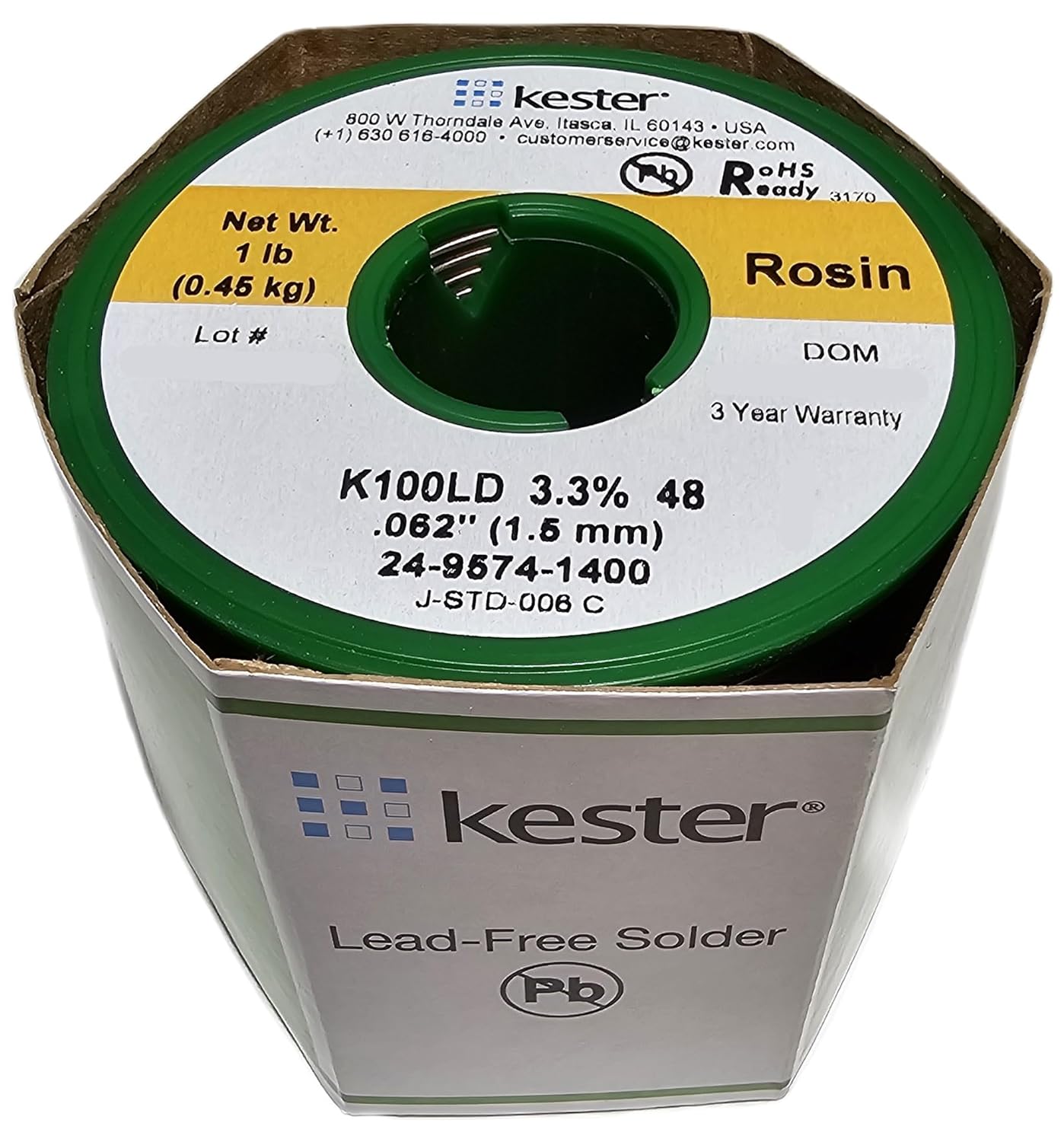 Kester443-858 24-9574-1400 K100Ld Lead-Free Rosin Wire Solder.062" Diameter-Low Cost Alloy