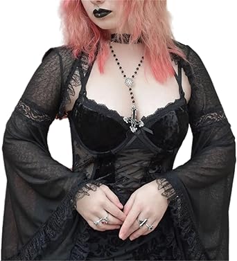 Women Gothic Crop Top Shirt Y2K Black Bell Sleeve Shawl Cardigan