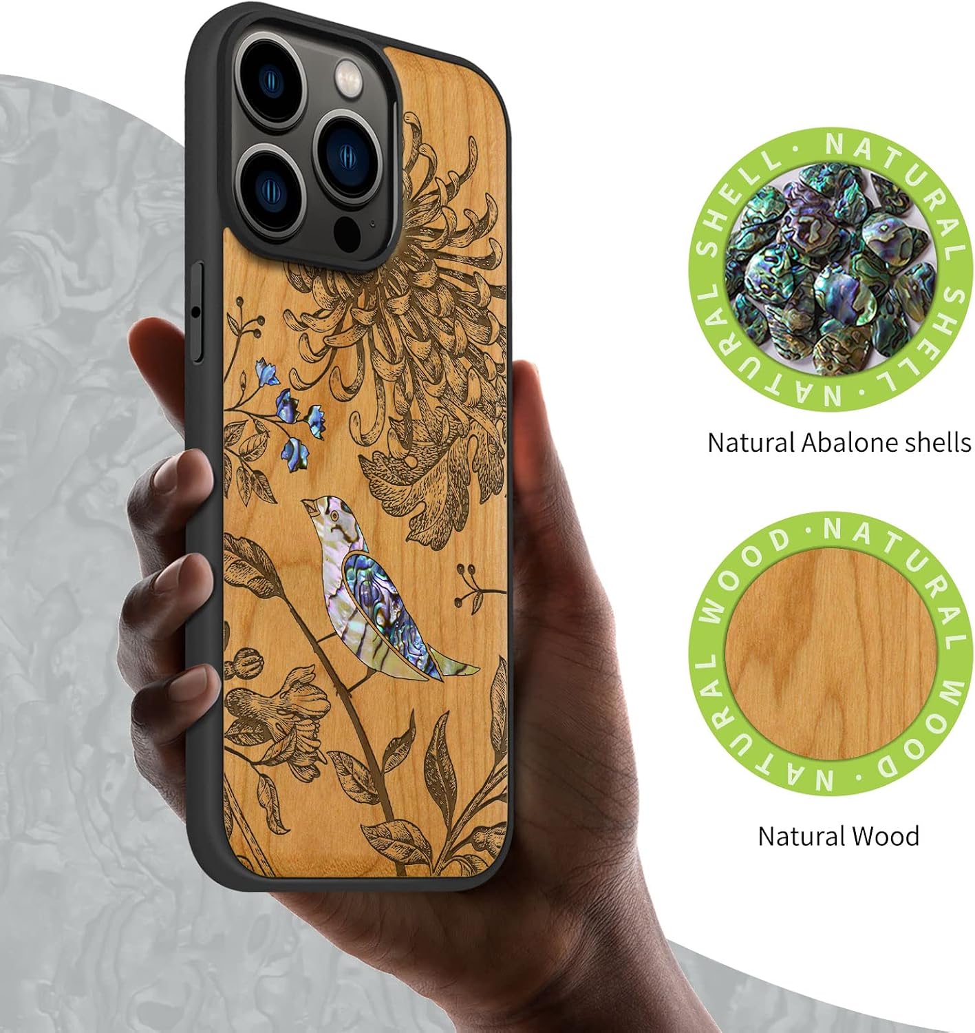 Carveit Designer Wooden Protective Magnetic Case for iPhone 14 Pro Max Case [Wood Engraving & Shell Inlay] Compatible with 14 Pro Max MagSafe (Flowers and Bird-Cherry)