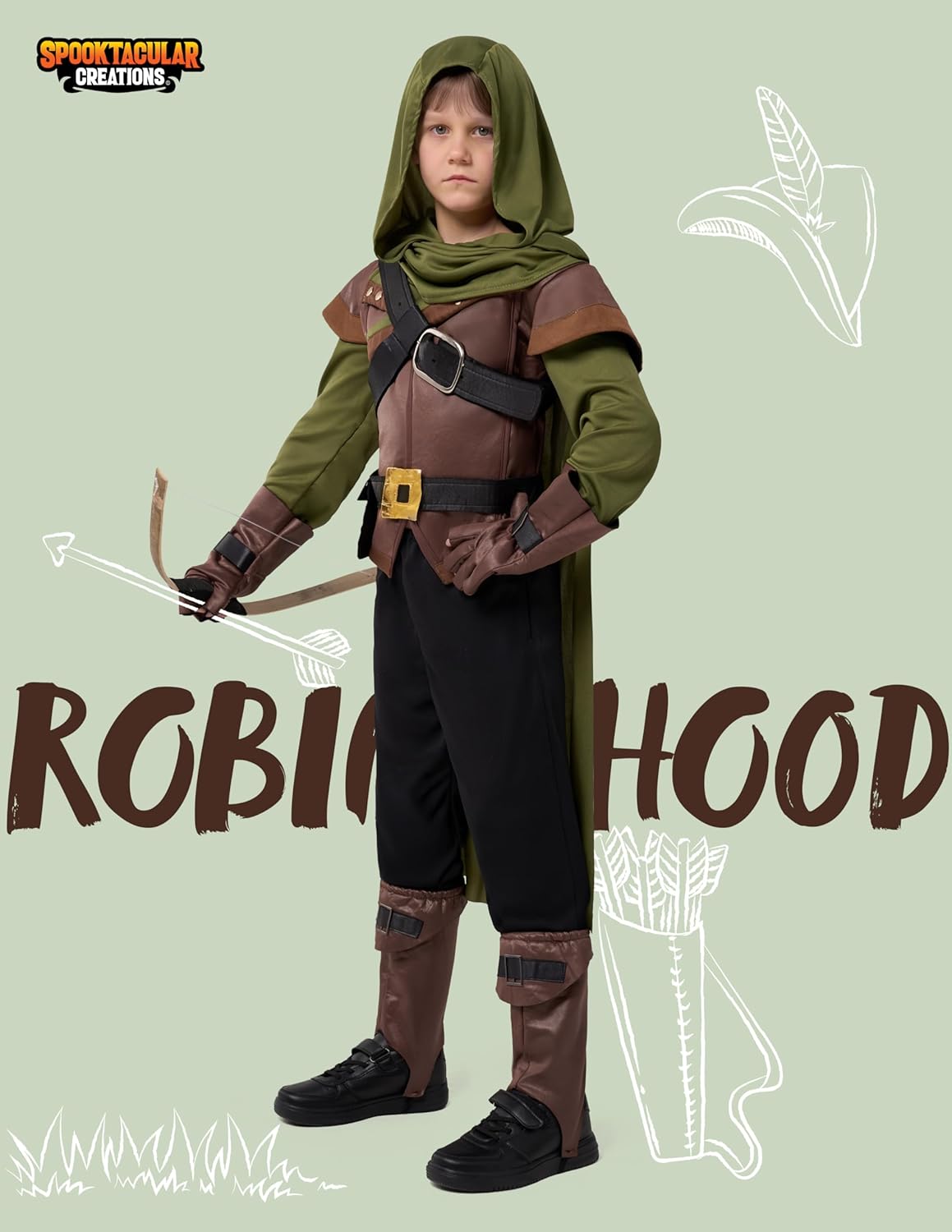 Spooktacular Creations Boys Robin Hood Costume, Toddler Child Green Robin Outfit Set for Kids Halloween Dress Up Parties - Image 2