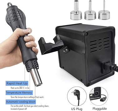 Hot Air Rework Station Solder Heat Gun,F/C Display,110V SMD Hot Air Gun,Temp. & Airflow Adjustable Soldering Stations for BGA IC Electronics Repair Desoldering Tool