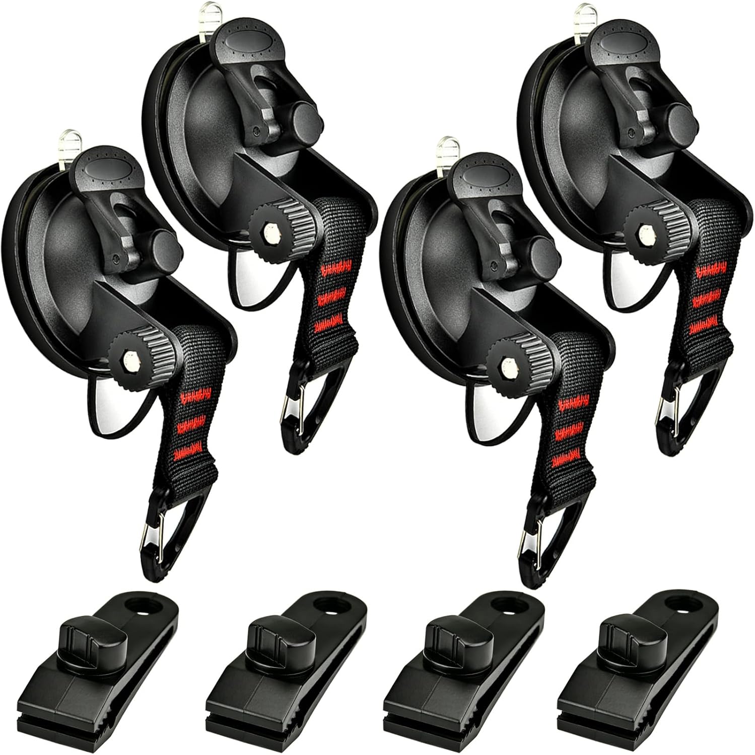 4 Pcs Heavy Duty Suction Cups Anchor with Security Hooks - Outdoor Strong Suction Cups with 4 Pcs Tarp Clips Multipurpose Car Camping Accessories Suction Cup for Car Awning Boat Camping Trap Tie Down
