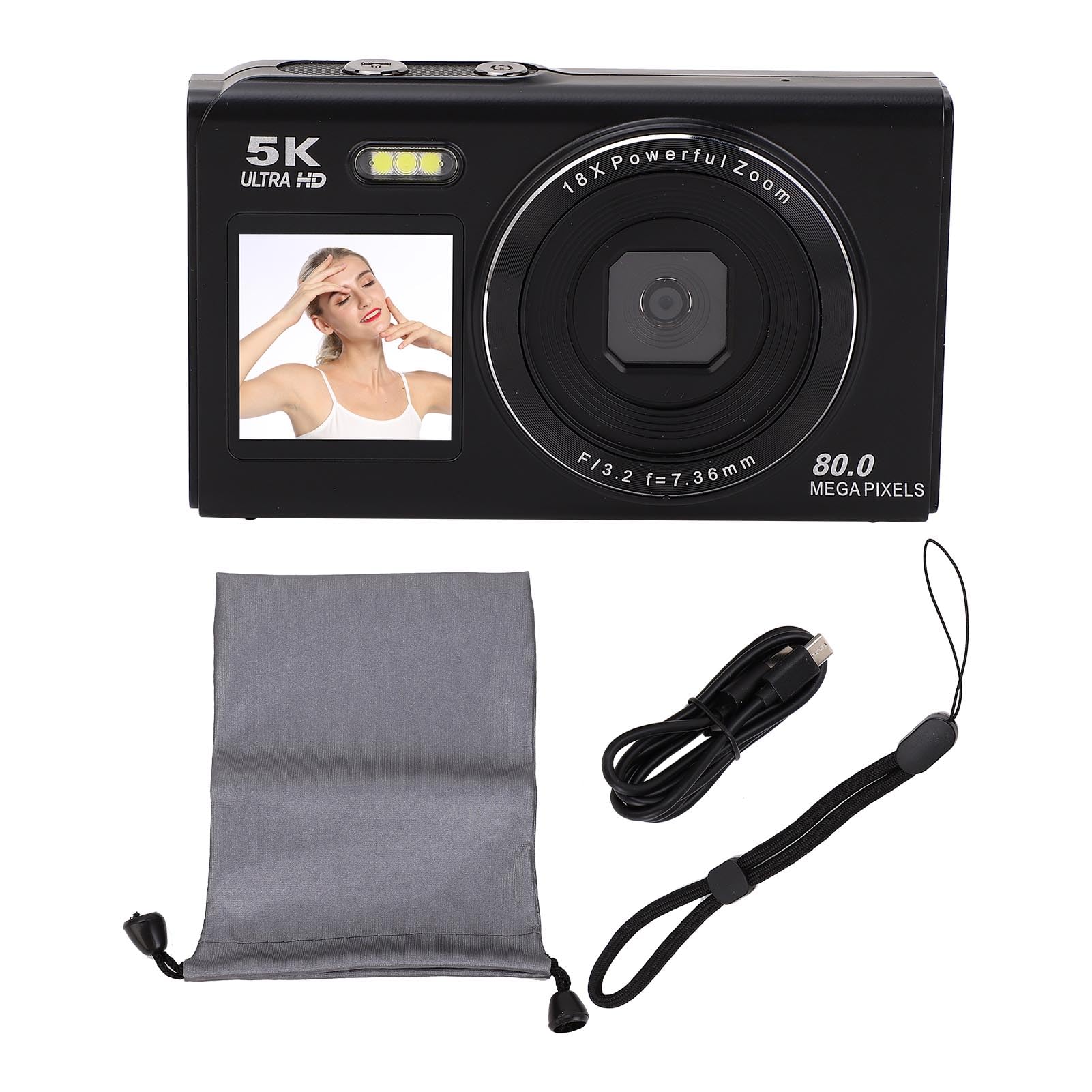 Annadue Camera Digitale da 5K 80MP per Adolescenti con Doppio Schermata, Zoom 18x e Focus Automatico, Trasferimento WiFi e Webcam, Incorporato in Flash e Borsa da Viaggio (32GB)