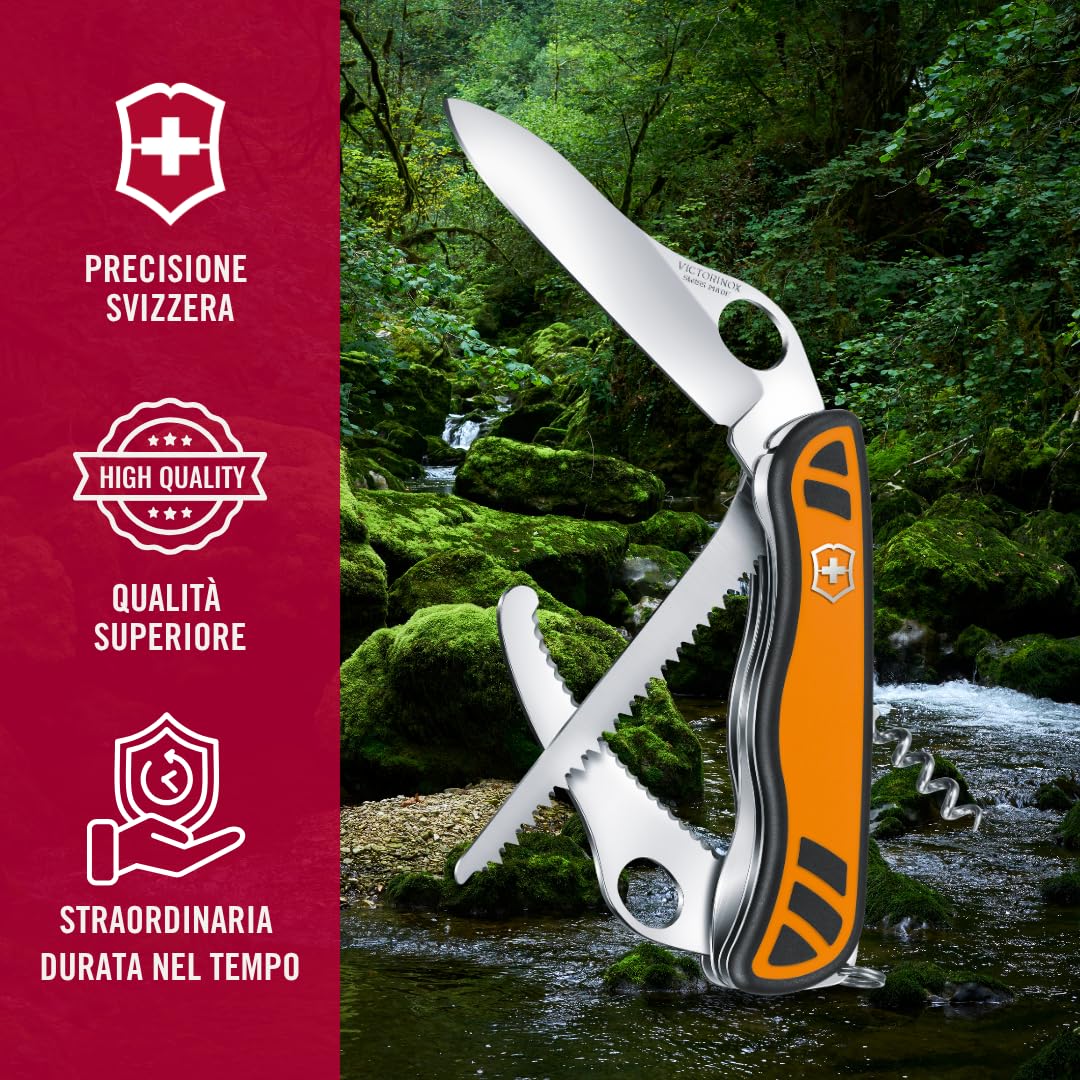 Victorinox Coltellino Svizzero Hunter XT Grip, Coltello per la Caccia, 6 Funzioni incl. Seghetto per Legno, Lama Bloccabile a Una Mano, Arancione/Nero