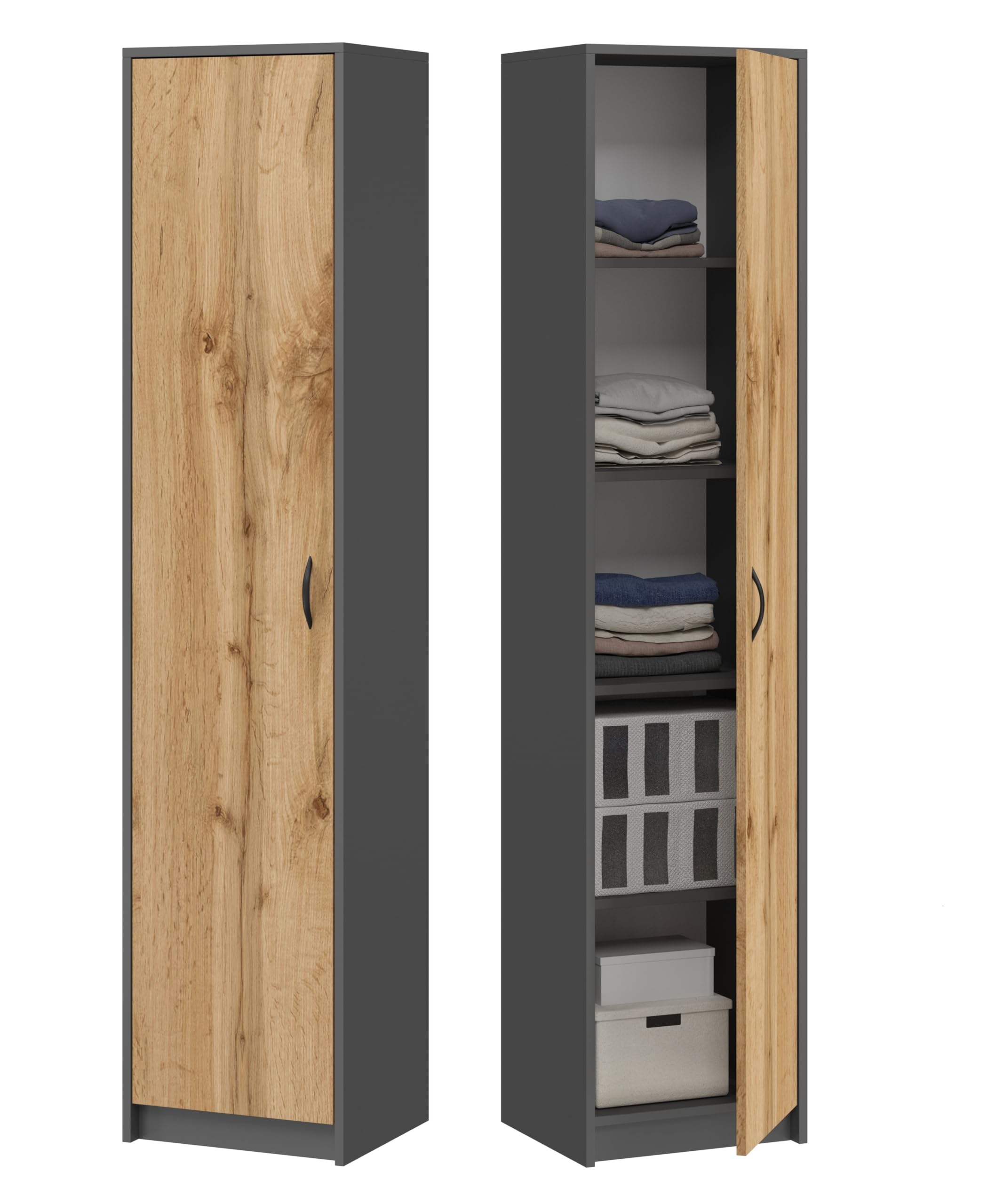 BDW - Armoire étroite - Armoire à vêtements de 50 cm de Largeur et 180,5 cm de Hauteur - Armoire de Rangement à 1 Porte, Armoire Polyvalente pour Chambre à Coucher - Lola Anthracite/Chêne Wotan