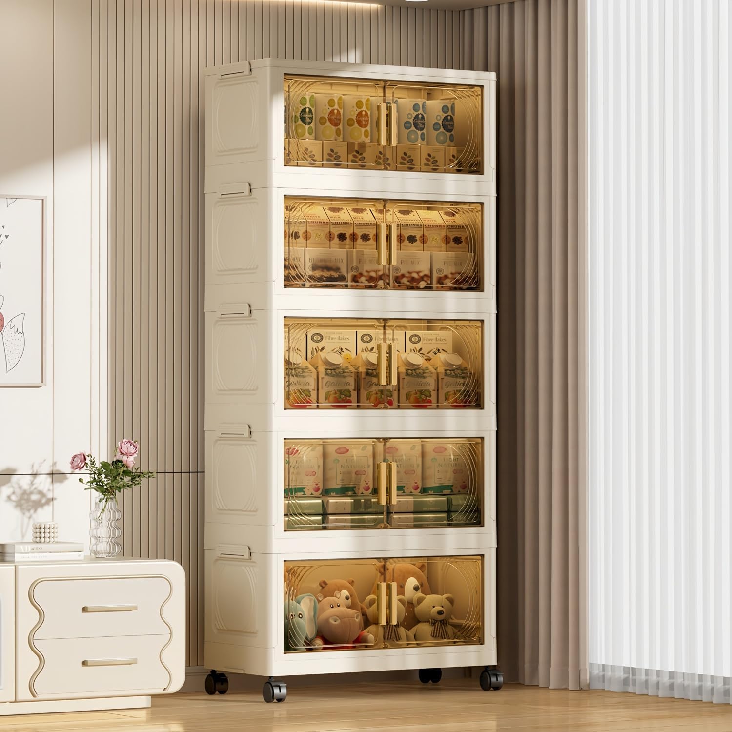 5-Tier Stackable Storage Bins with Lids, 192QT Storage Cabinet with Wheels, Large Collapsible Storage Boxes Organizers and Storage for Home Office Dorm（Clear