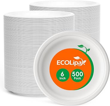 ECOLipak 6 Inch Disposable Compostable Small Paper Plates, 500 Pack Recycled Sugarcane Bagasse Biodegradable Heavy Duty Mini Dinner Appetizer Cake Dessert Plates for PartyWhite