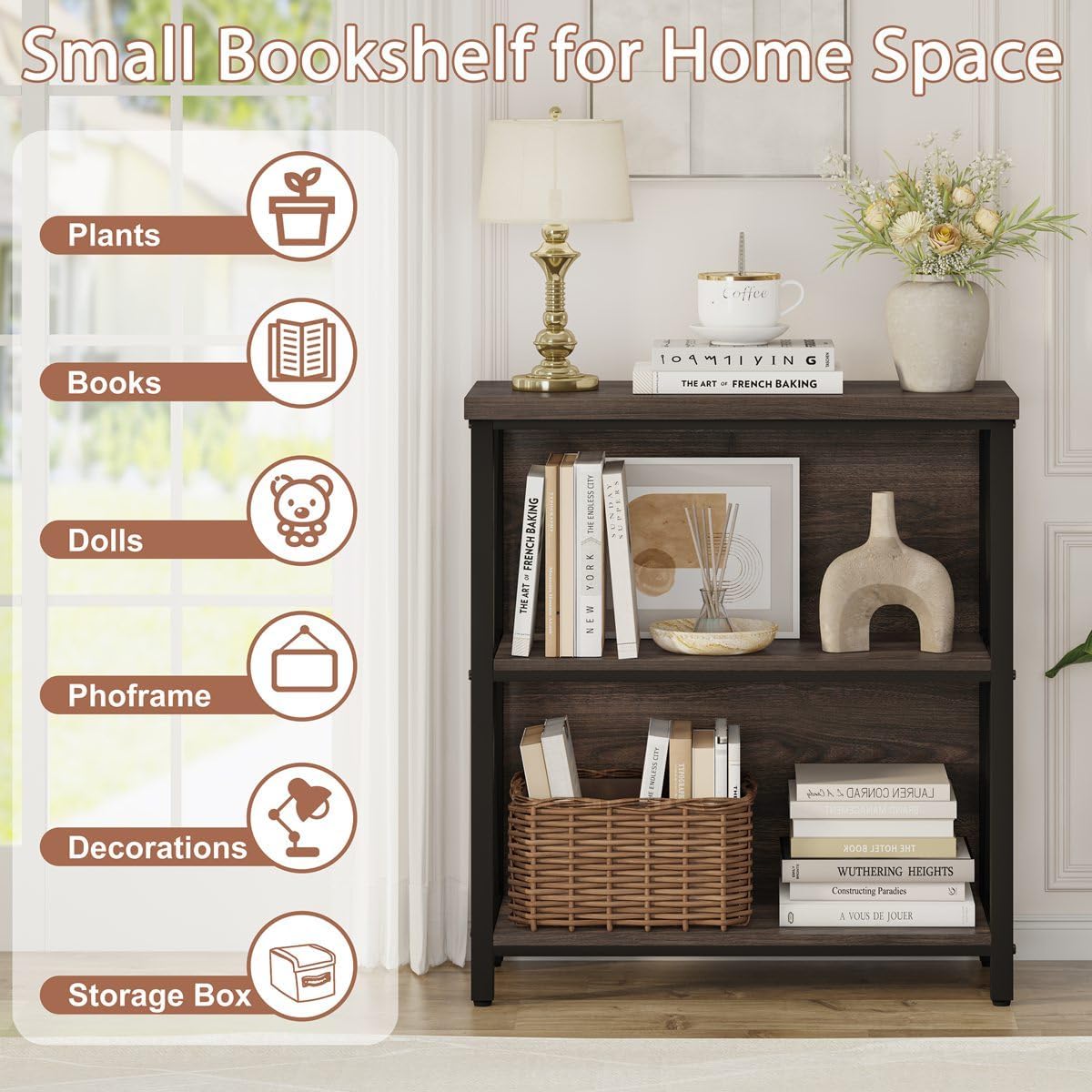 FATORRI Small Bookshelf, 3 Shelf Bookcase for Living Room, Low Short Bookshelf, Industrial Wood Book Shelf and Rustic Book Case for Small Space, Home Office (Dark Walnut) image 4