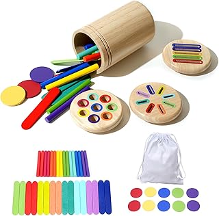 puiaxod Montessori Toy from 1 Year, 3-in-1 Colourful Montessori Wooden Toy, Baby Toddler Sensory Toy, Colour Sorting Game, Motor Skills Toy from 1 2 3 Years, with Sticks, Coins and Puzzle