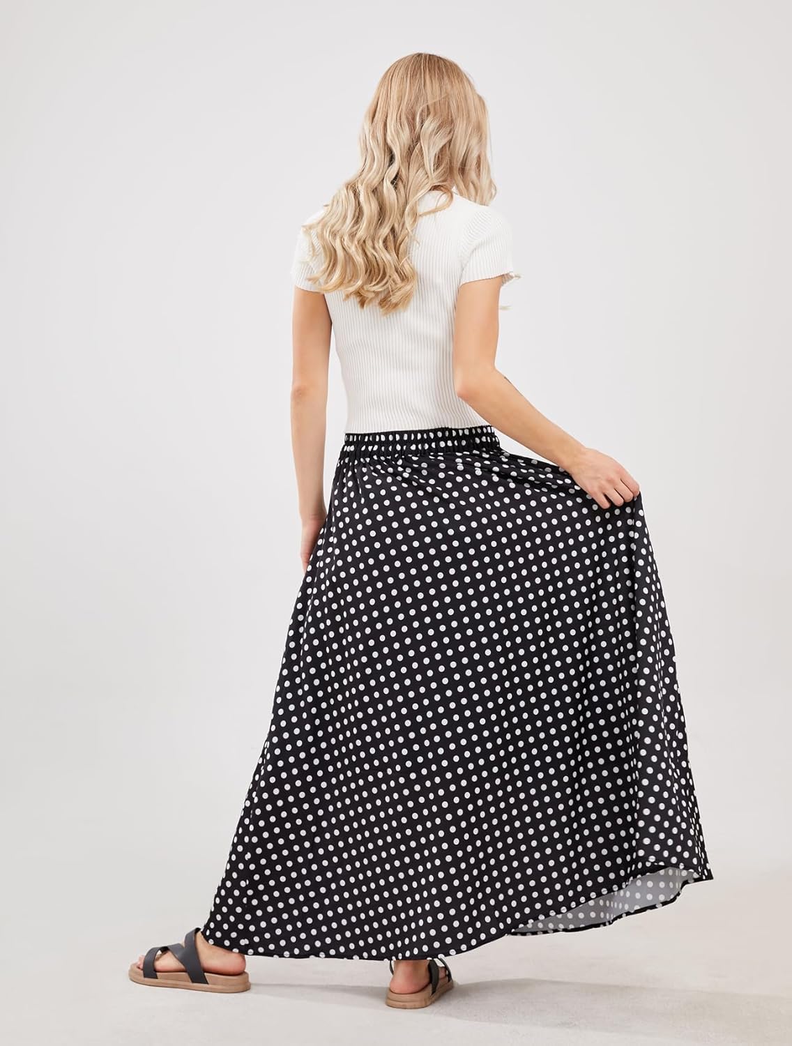 chouyatou Women's Elegant High Waisted Polka Dot A Line Pleated Swing Bohemian Maxi Skirt - Image 4