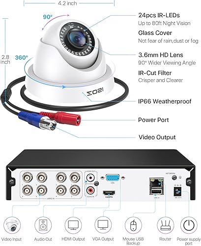 Miniatura 8 de Sistema de cámaras de seguridad ZOSI 1080P H.265+ para el hogar, 5MP Lite 8 canales de vigilancia DVR y 8 cámaras domo CCTV 1080p resistente a la