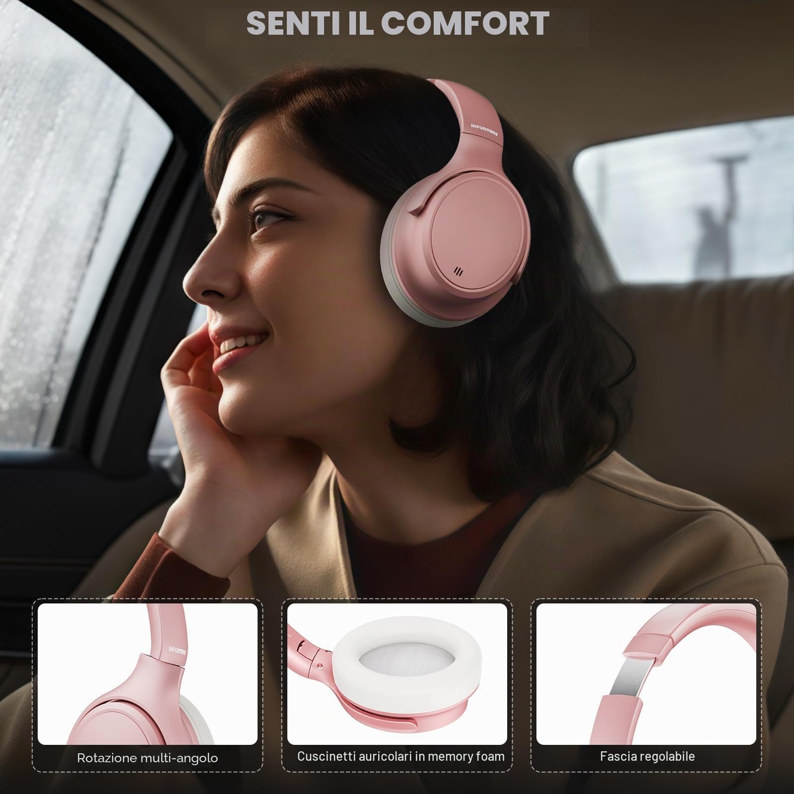 INFURTURE H1 Plus - Cuffie ibride con doppia alimentazione e cancellazione attiva del rumore, con modalità EQ, wireless, con 4 microfoni, 90 ore di autonomia, leggere, per casa, viaggi, ufficio (rosa)