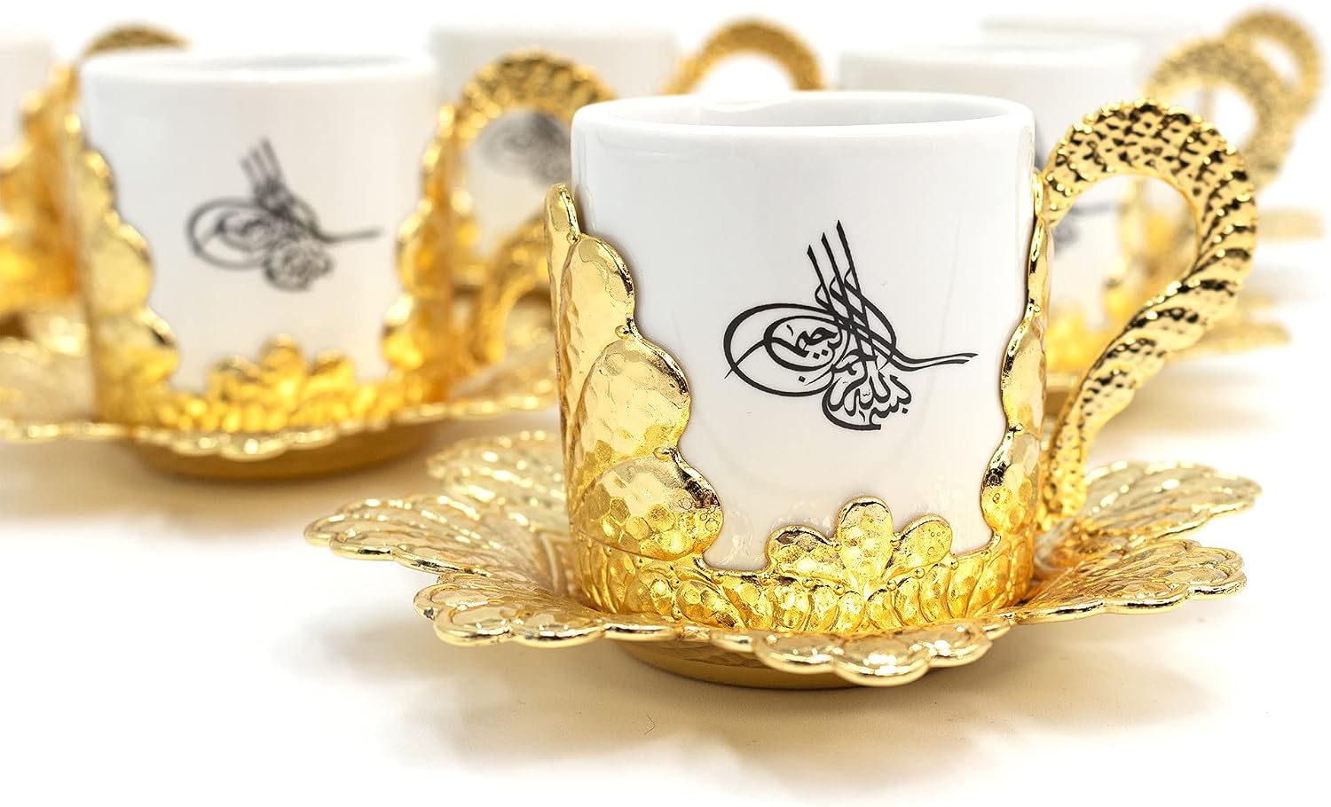 Modefa Turkish Luxury 6 Piece Coffee Cup Set | Premium Porcelain | Ottoman Style with Dervish & Tughra Artwork (Gold - Tughra)