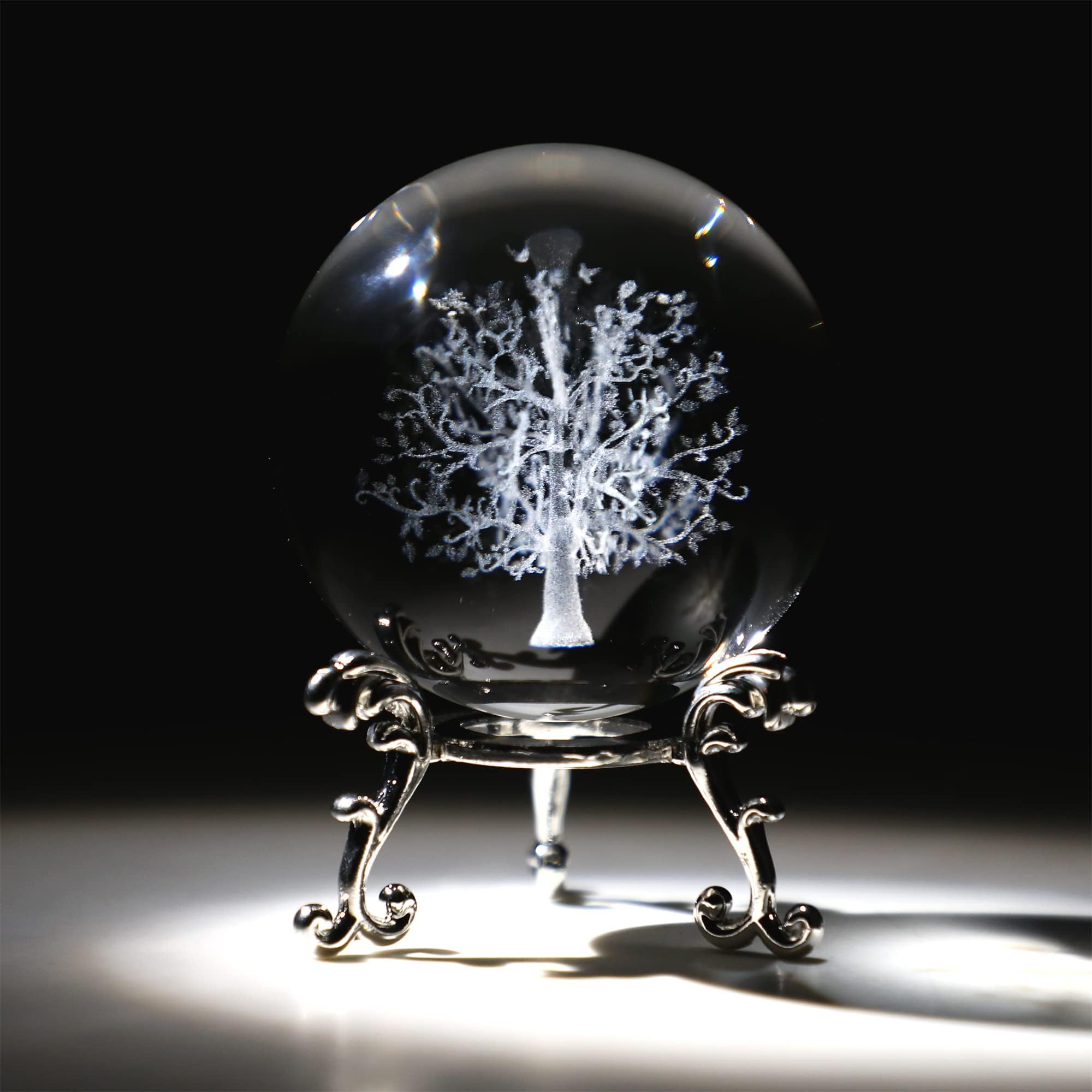 ZEERSHEE60mm The Tree of Life 3D Crystal Ball with Stand Laser Engraved Life Tree Glass Paperweights Healing Ball Christmas Art Decor Crafts Gift