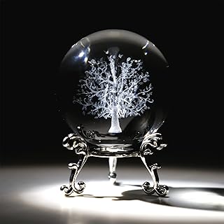 ZEERSHEE 60mm The Tree of Life 3D Crystal Ball with Stand Laser Engraved Life Tree Glass Paperweights Healing Ball Christmas Art Decor Crafts Gift