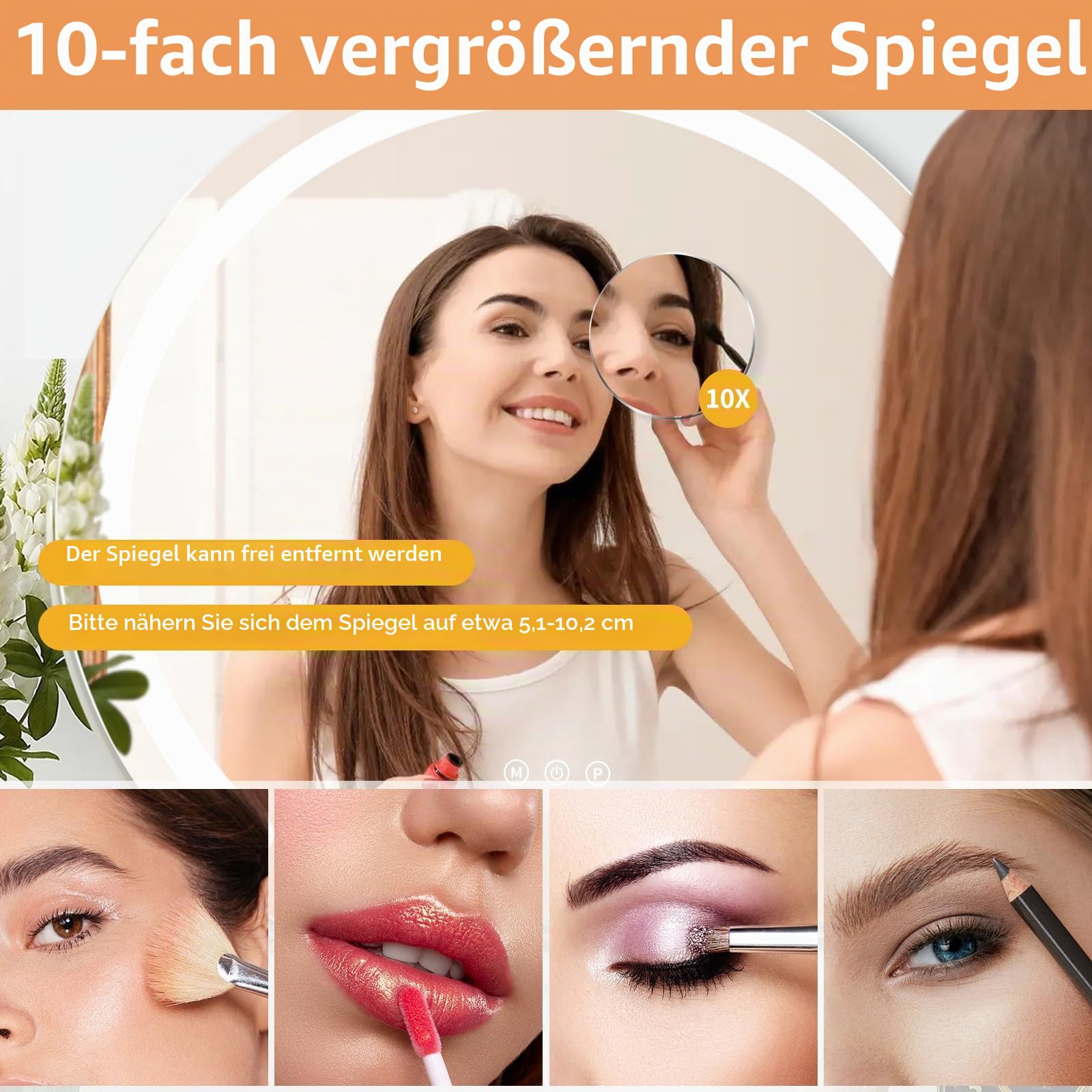 Explosionssicherer Beleuchteter Kosmetikspiegel mit 3 Lichtmodi, Schminkspiegel mit Beleuchtung, Augenschutz,10-fache Lupe, 330°drehbar, Touch-Design, USB&Type-C,Schlafzimmer/Badezimmer (60 cm)