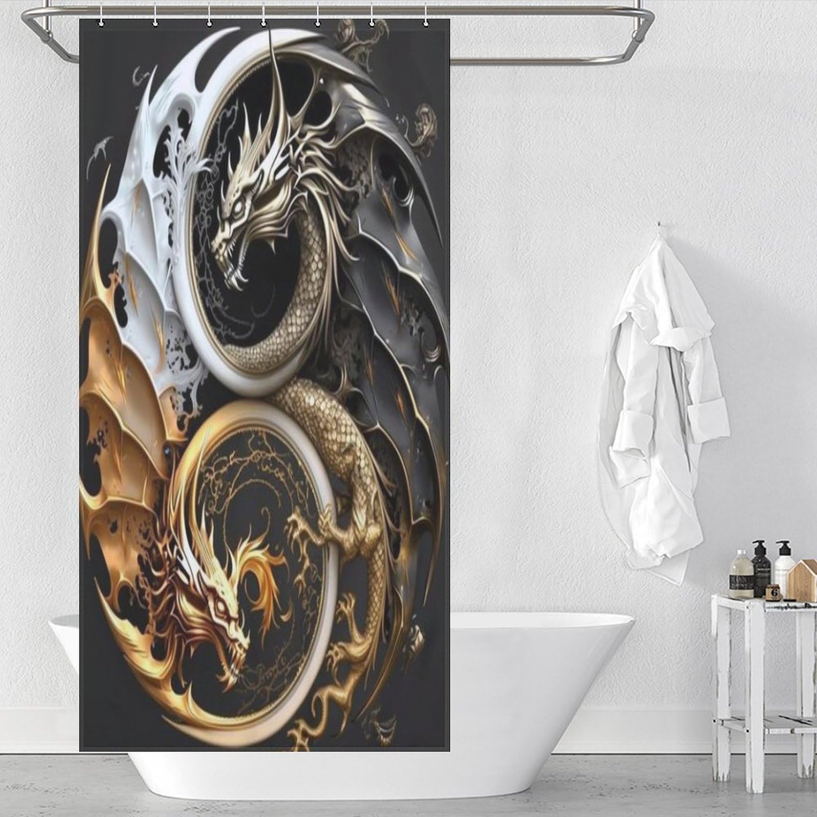 Rideau de douche dragon pour décorer la salle de bain familiale ou moderniser une baignoire d'hôtel