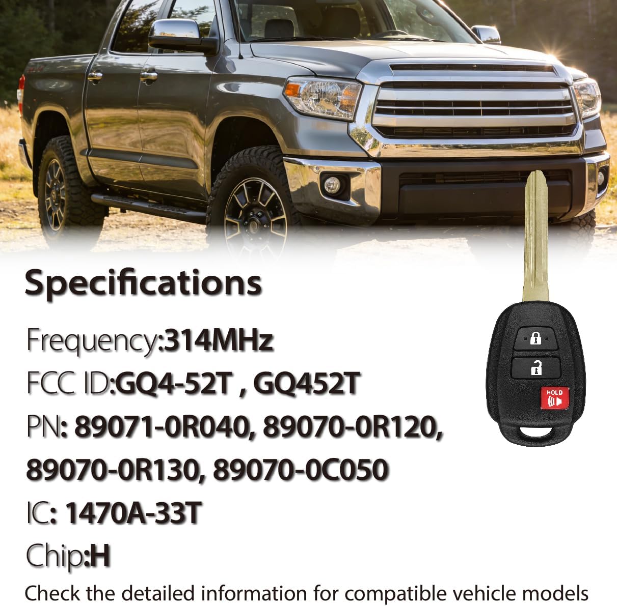 Fits for Toyota RAV4 Highlander Tacoma Tundra Sequoia 2013 - 2021 Key Fob GQ4-52T 314MHz H 3 Buttons(Set of 2)