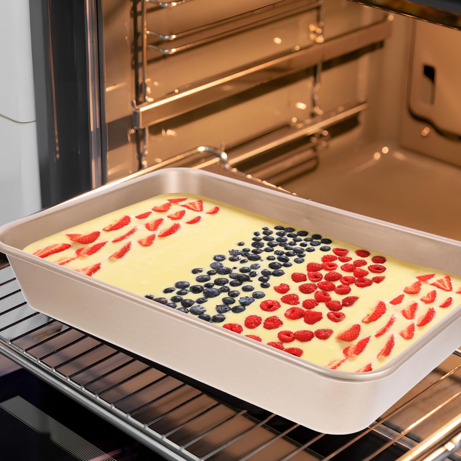 DOITOOL Leicht zu Reinigen 3 Stück aus Kohlenstoffstahl Rechteckiges Backformen Antihaftbeschichtet Tiefes Backblech Goldfarben für Backofen und Toaster