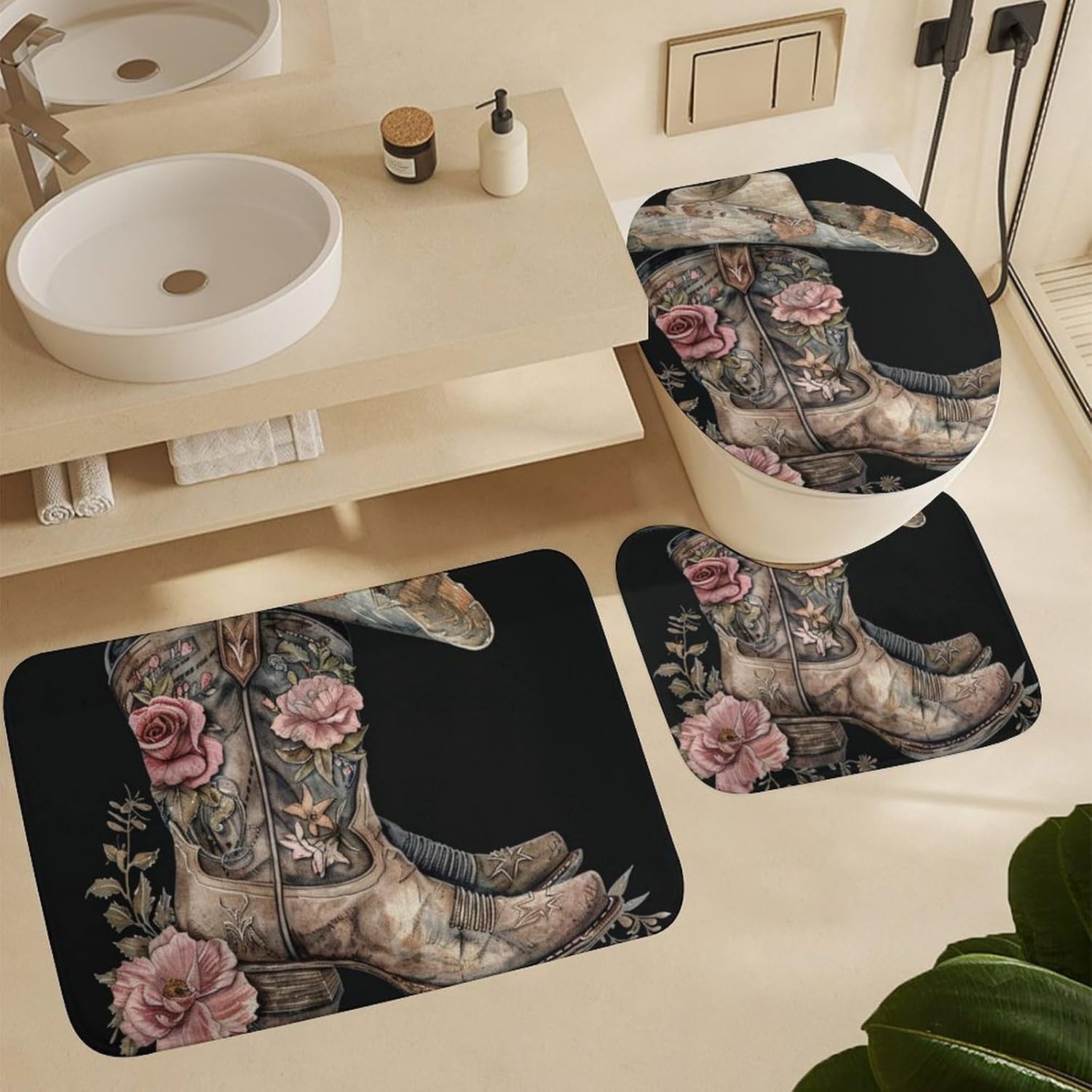 4Pcs Boot Hat Shower Curtain Set with Rugs, Toilet Lid Cover and Bath Mat, Abstract Country Western Cowboy Shoe Floral Bathroom Curtains Decor Shower Curtains, 72" x 72"