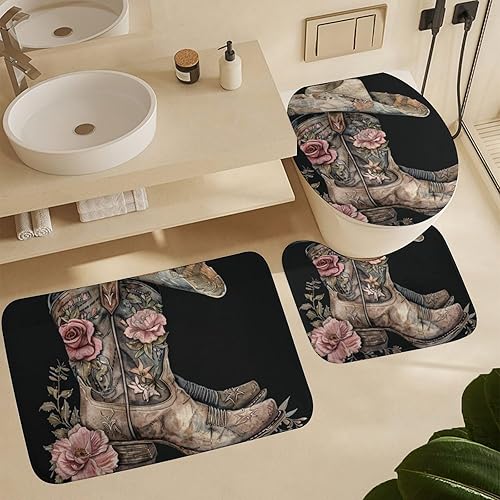 Miniatura 6 de Juego de 4 cortinas de ducha con gorro de bota con alfombras, cubierta para tapa de inodoro y tapete de baño, diseño de vaquero occidental