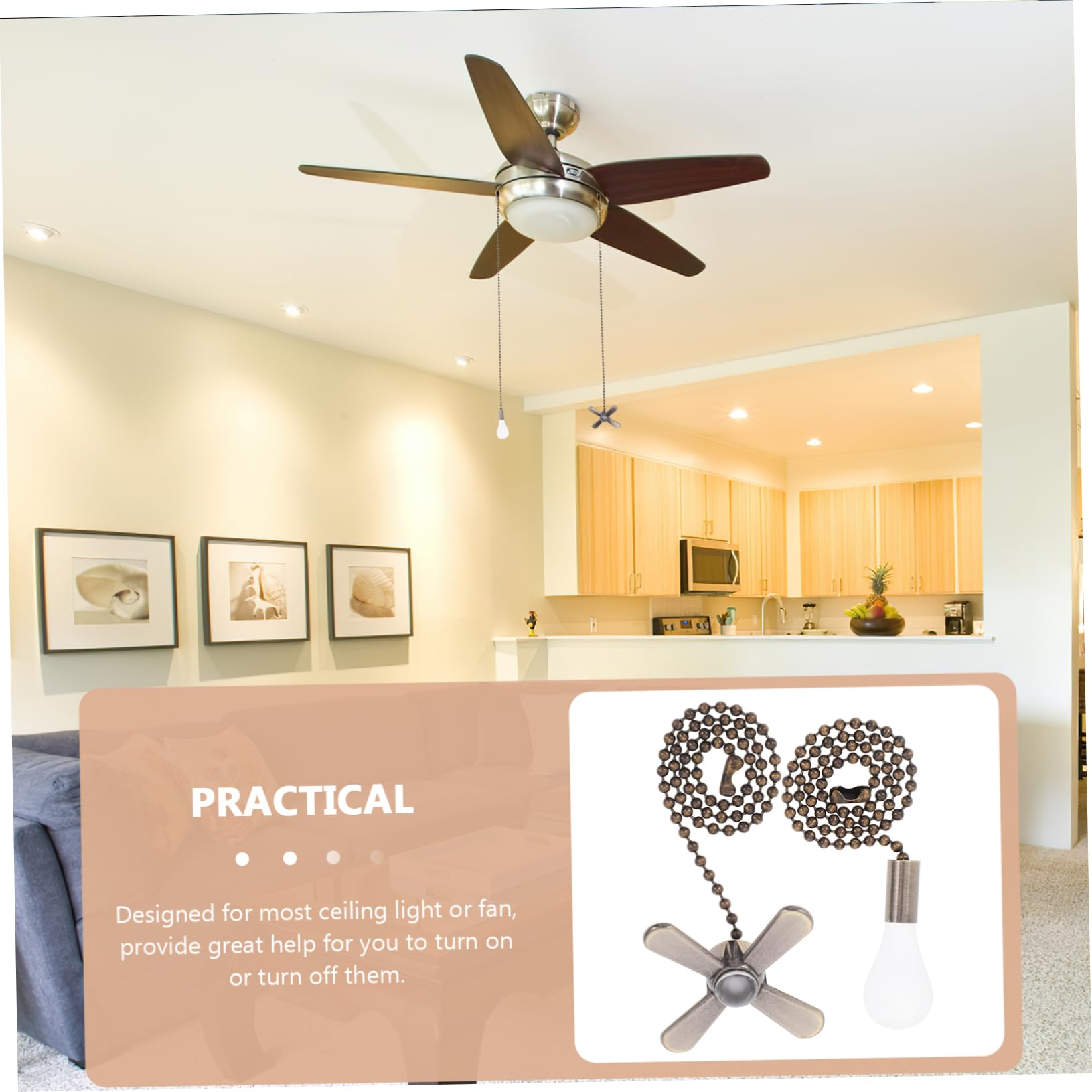 SUR-CIEL 2-Pack Ceiling Fan Pull Chain Extension – 12" Beaded Chain With Fan & Lightbulb-Shaped Pendants, Gold, For Standard 3mm Chains