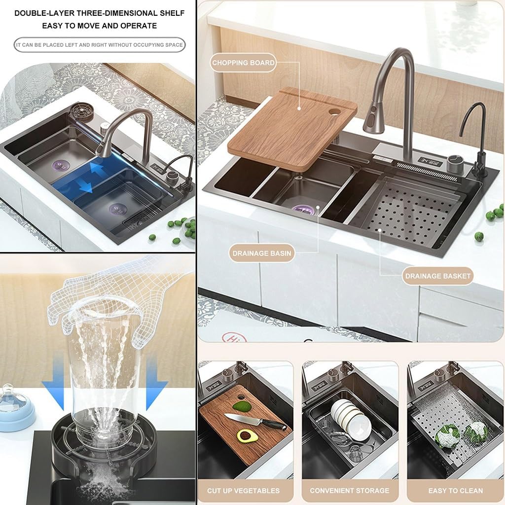 Stainless Steel Waterfall Kitchen Sink with Display Screen Single-Bowl Rv Sink Cup Washer Pull-Down Faucet Black Finish - 68X45X22Cm Modern Design for Home Rv,3305 Black 75X45X22Cm