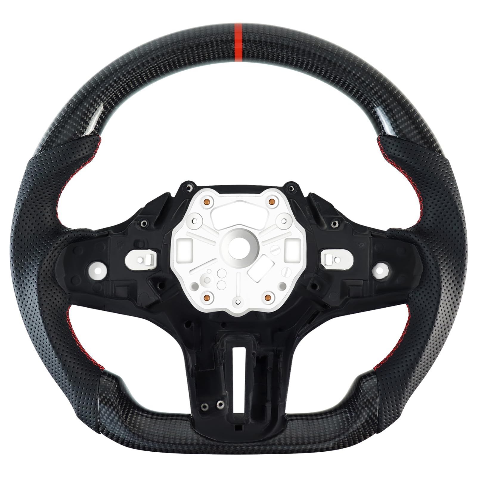 Handgefertigte echte Carbonfaser-Lenkrad, Runde Oberseite und flache Unterseite Lenkrad, Perforierter Ledergriff für BMW M Sport G20 M3 F40 F44 G21 G28 G22 G29 F87 G80 F82 F83
