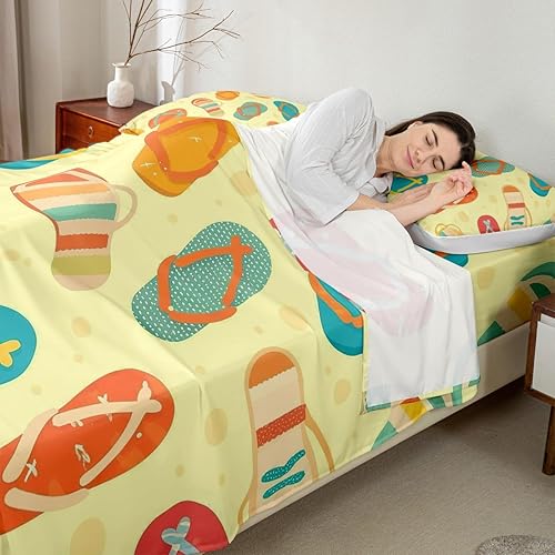 Miniatura 4 de Erosebridal Juego de sábanas para niños, tamaño Queen, sábanas costeras de playa, juego de ropa de cama de rayas abstractas amarillas, juego de