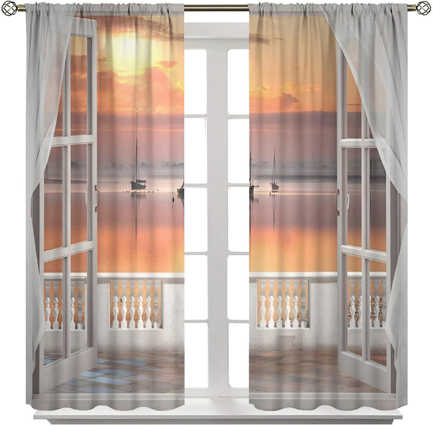 Tropical Ocean Sunset Curtains, Sea Beach Seaside Sailing Boat Ship Nautical Scenery Print Rod Pocket Blackout Window Curtains for Bedroom Living Room, 42" W X 45" L