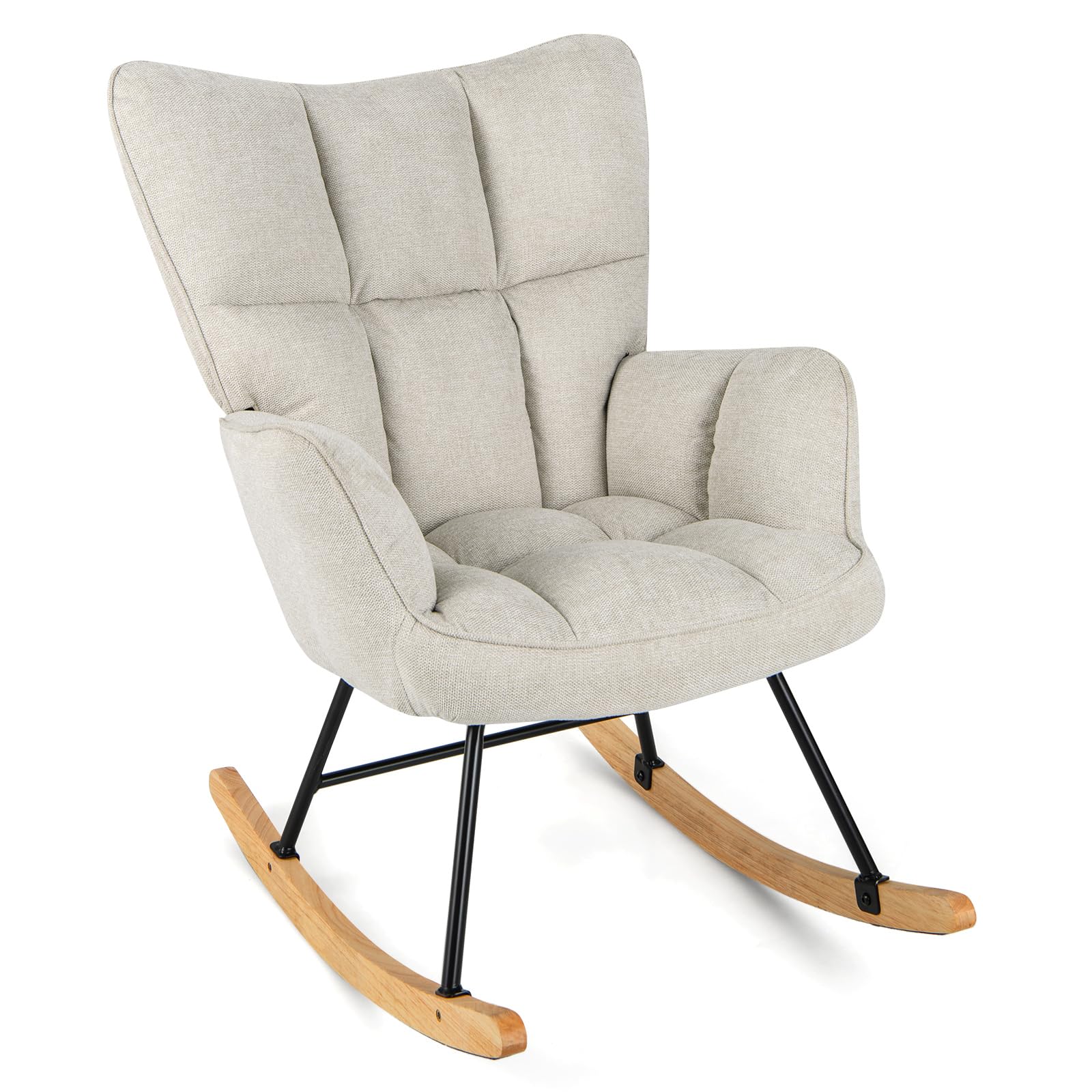 Moderna mecedora tapizada de lino con respaldo de alas con base de madera maciza, sillón de ocio para sala de estar, dormitorio, enfermera ()