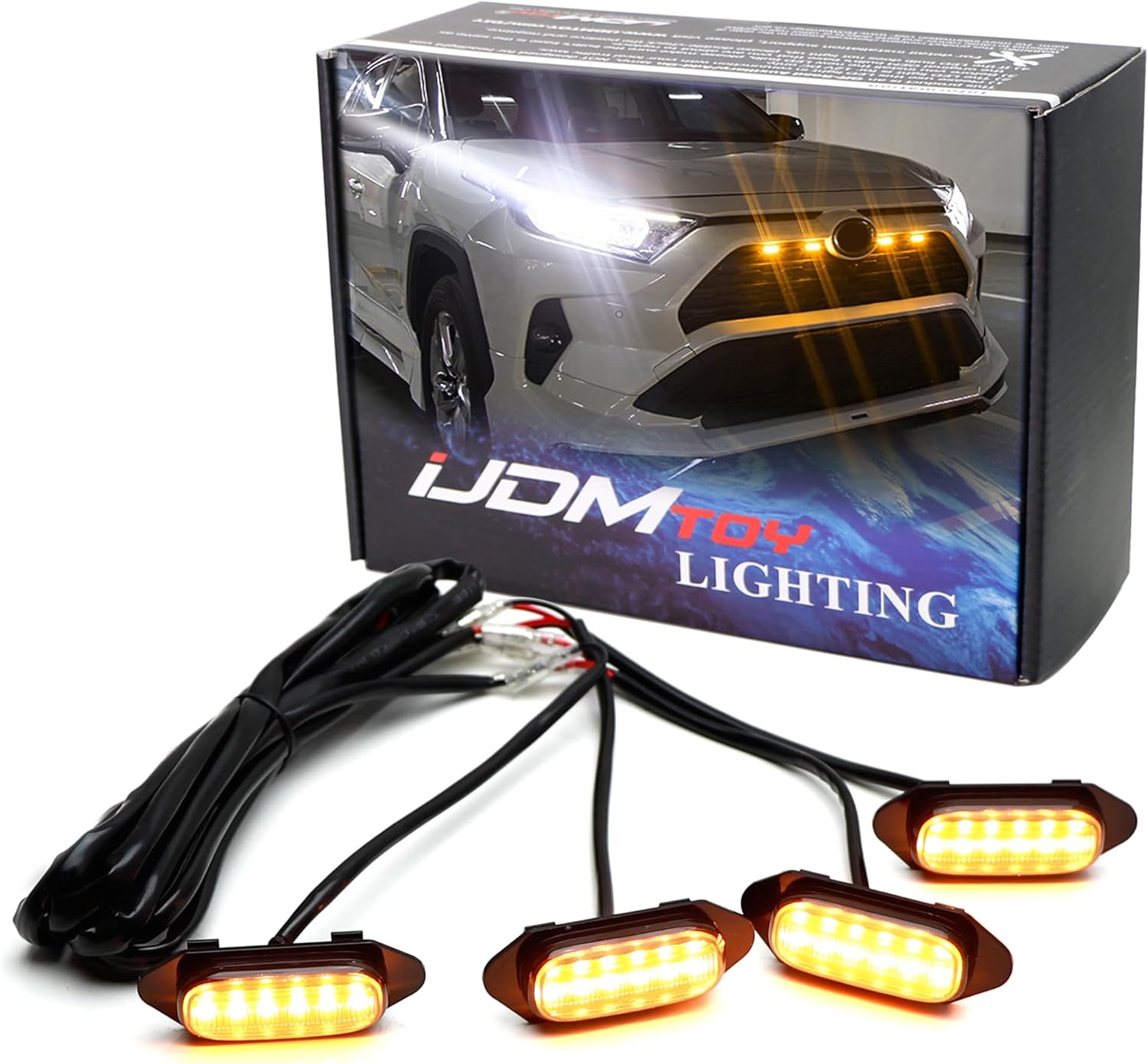 iJDMTOY Smoked Lens Front Grille TRD Style Amber Yellow LED Grill Lighting Kit Compatible with Toyota 2019-up RAV4, Includes (4) 12-SMD Smoke Cover LED Grille Lights & Wiring Harness