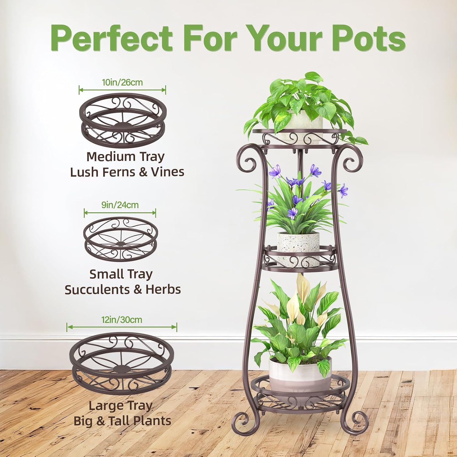 iDavosic.ly 3 Tier Metal Plant Stand Indoor Outdoor, Wrought Iron Corner Tall Flower Pot Holder Shelf, 34 Inch Vertical Heavy Duty Display Rack for Patio Porch Living Room Garden, Bronze