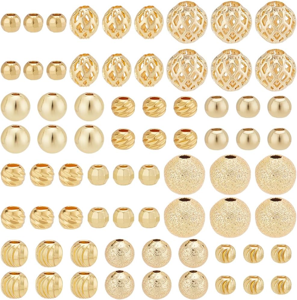 PH PandaHall 120pcs 18K Gold Plated Beads 12 Styles Metal Spacer Beads Round Spacer Beads Faceted Round Beads Hollow Round Spacer Beads for Jewelry Making Bracelet Necklace DIY Beading Craft, Small