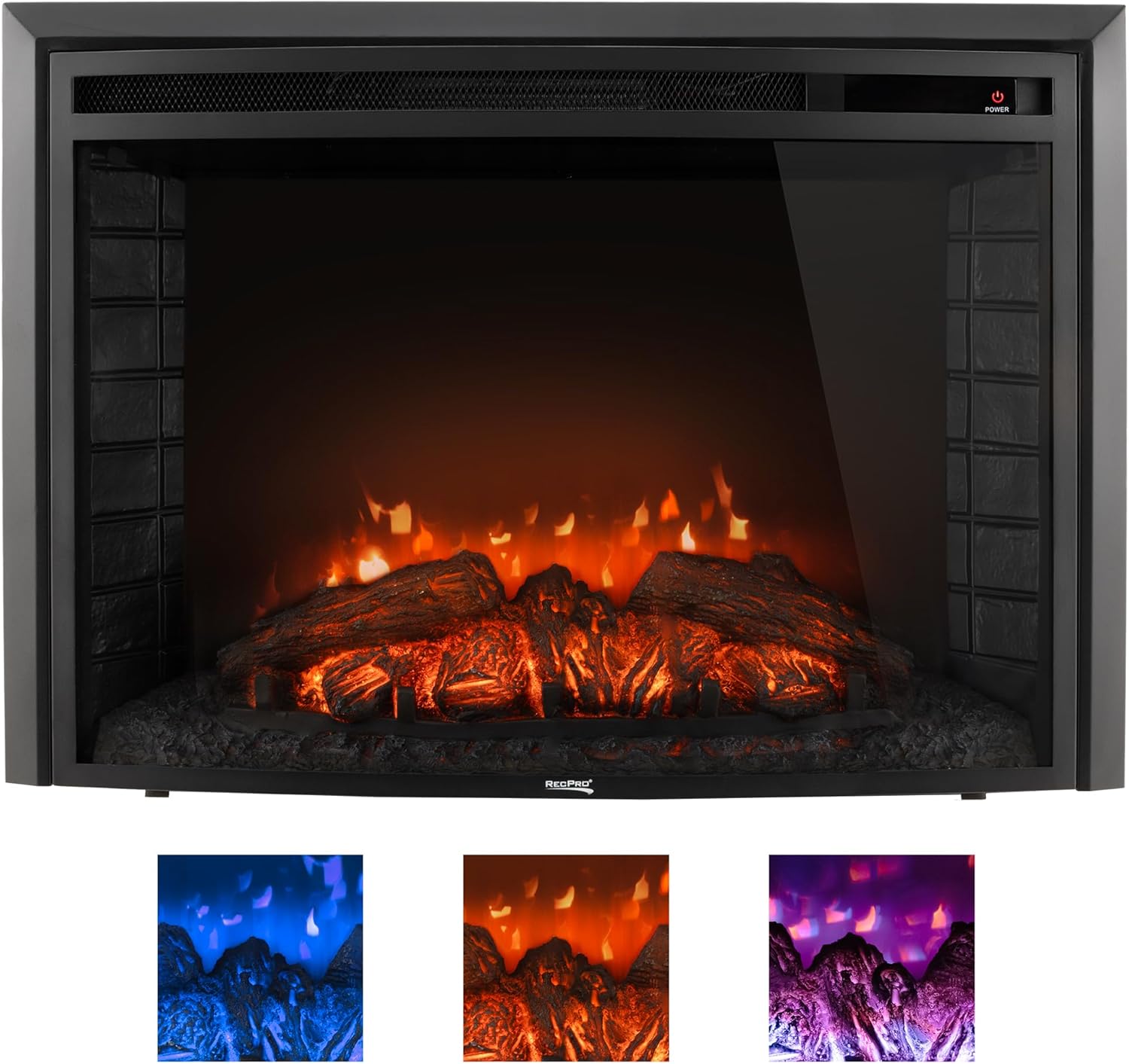 RecPro RV 30-inch Electric Fireplace displaying various flame color options