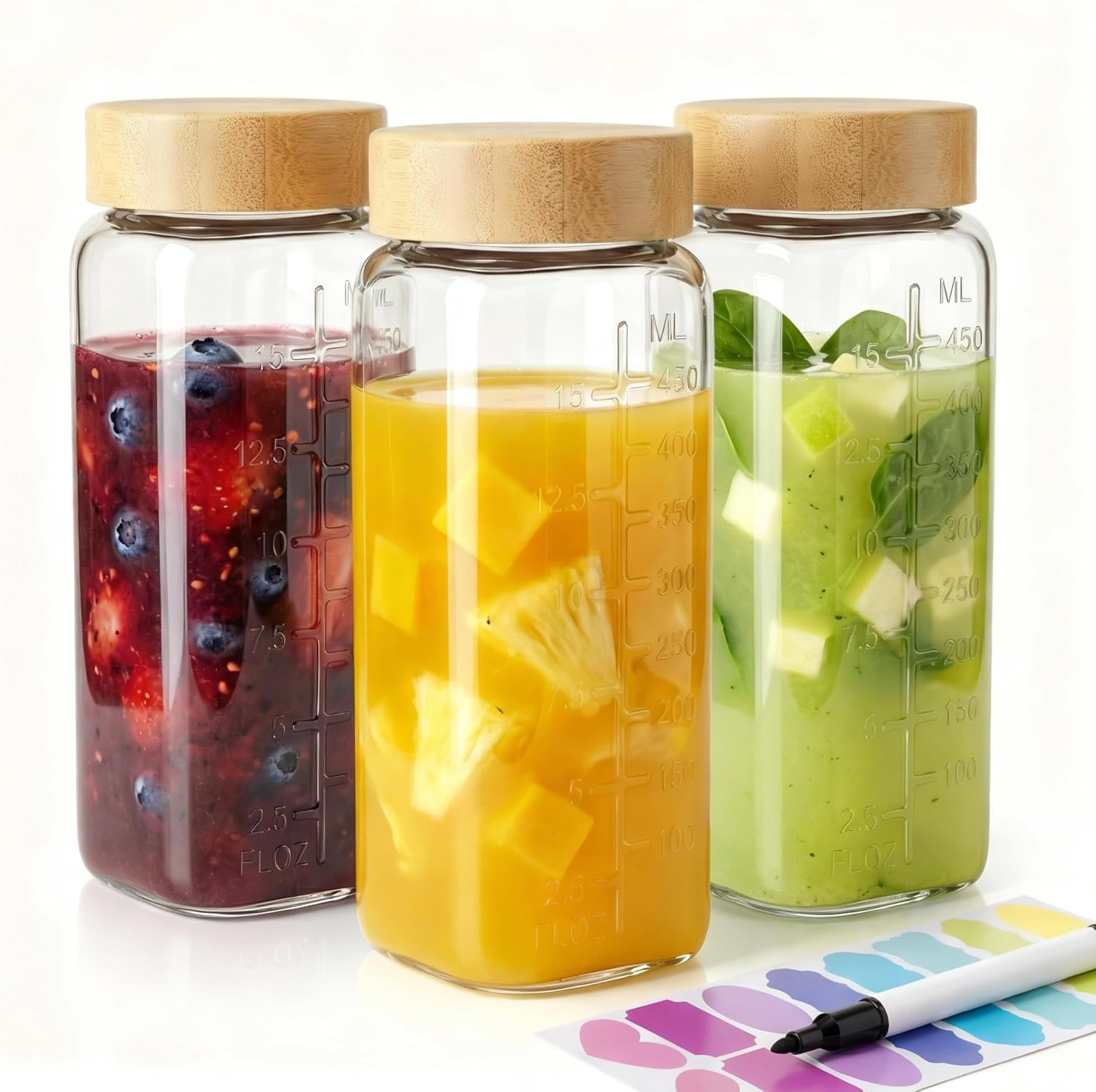 HomArtist 16oz Square Glass Juice Bottles with Lids, 3 Pack Reusable Juice Containers with Bamboo Lids, Glass Juicing jars for Drinking Tea, Kombucha, Smoothie, Milk