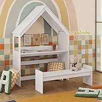 Escrivaninha Infantil Montessoriana Casinha 100% Mdf com Banco Petra Espresso Móveis Branco Brilho