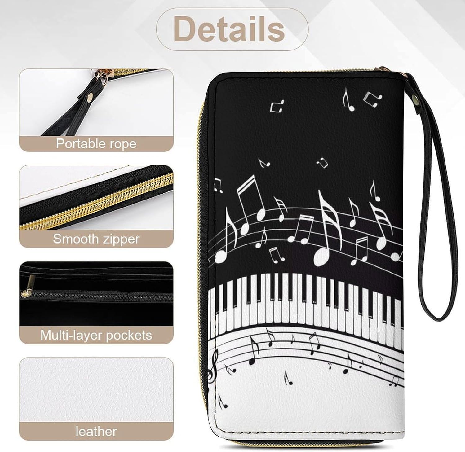 Black White Music Note PU Leather Stylish Wallet image 5