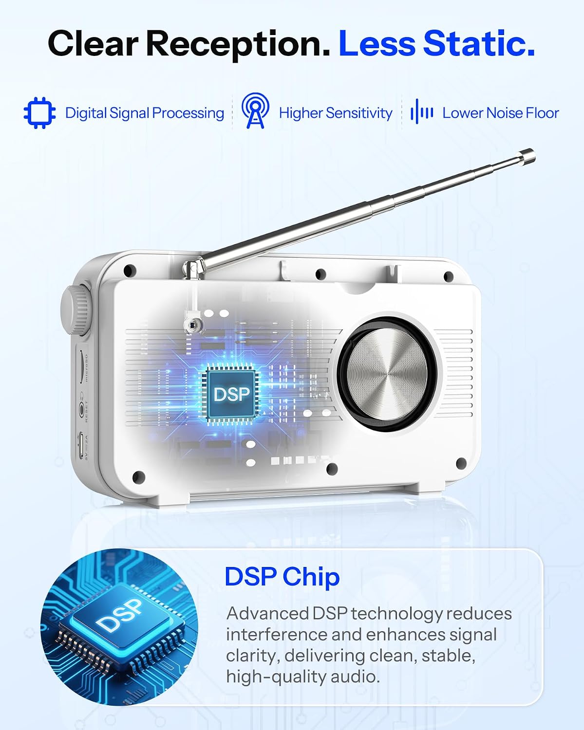 Portable FM Radio with Bluetooth, NOAA Weather Radio, 3000mAh Rechargeable | Auto Scan 40 FM Presets, 8W Speaker, 6 EQ Modes, Dual Alarms, Sleep Timer, 2.4" Color Display, Emergeny Radio SOS