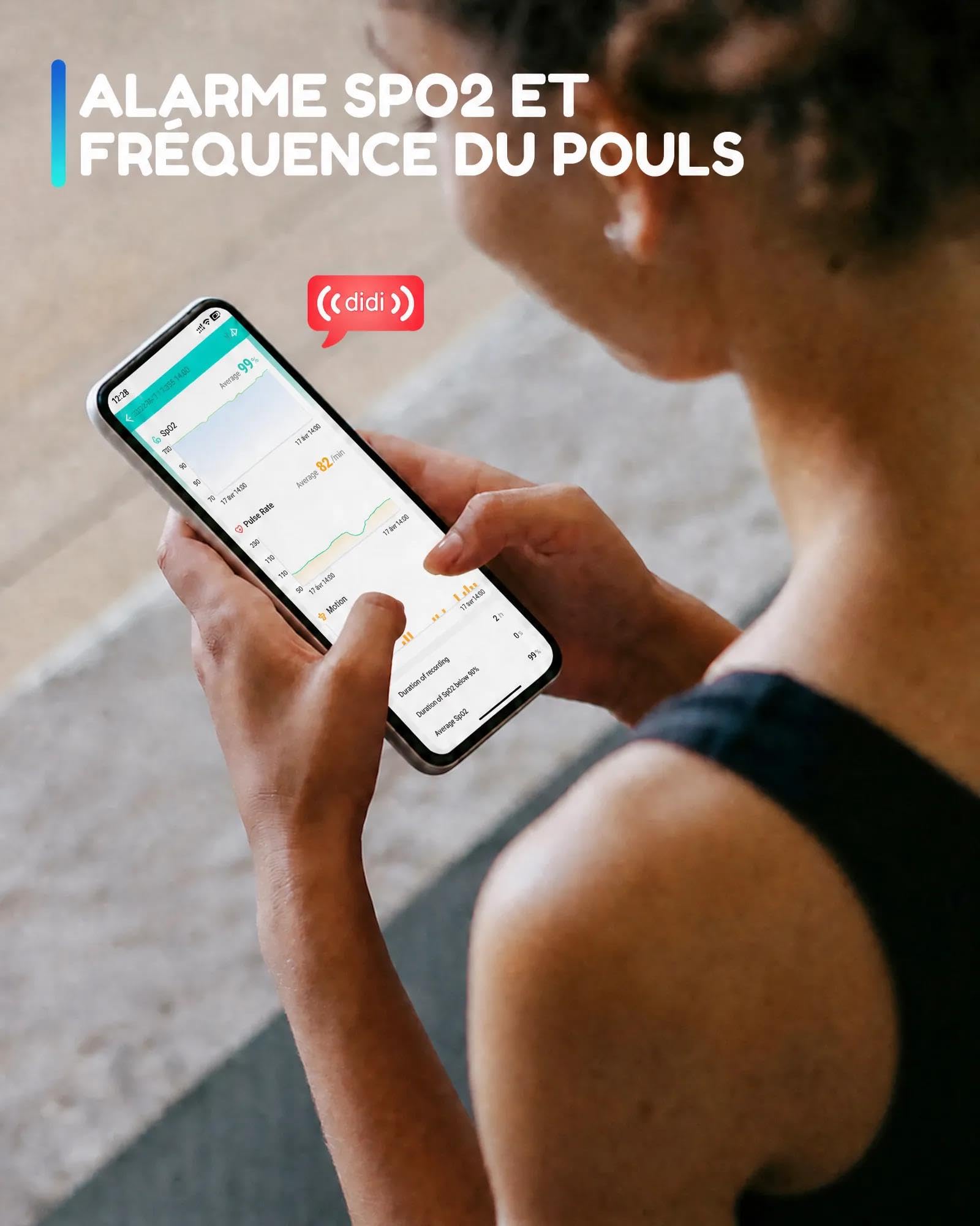 HealthTree O2Ring Oxymètre de Pouls avec Bluetooth, Saturomètre Rechargeable, Suivi Continu de SpO2 & Fréquence Cardiaque avec Alertes sur App et Rapports, pour Maison, Sommeil, Sport et Voyages
