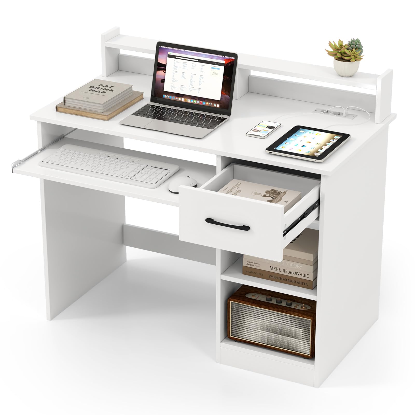 GYMAX Escritorio de Computadora con Estación de Carga, Escritorio de Estudio de 105 CM con Estantes y Cajón, Orificio para Gestión de Cables, Escritorio Moderno y Simple para Dormitorio, Blanco