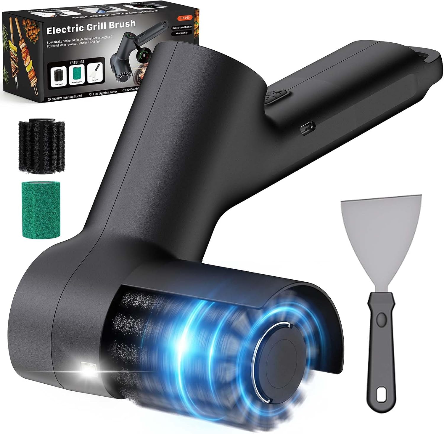 Electric Grill Brush, Cordless BBQ Grill Cleaner with LED Light & Scraper