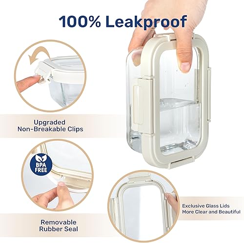 Miniatura 2 de Miibox Recipientes para preparación de comidas con tapas de vidrio exclusivas, recipientes de almacenamiento de vidrio con tapas, sin BPA, loncheras