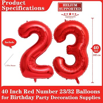 Red 23 Number Balloons, 40 Inch Giant Number 23 Balloons Foil Mylar Helium Red Number Balloons for 23th Birthday Party Supplies Anniversary Event Celebration Decorations
